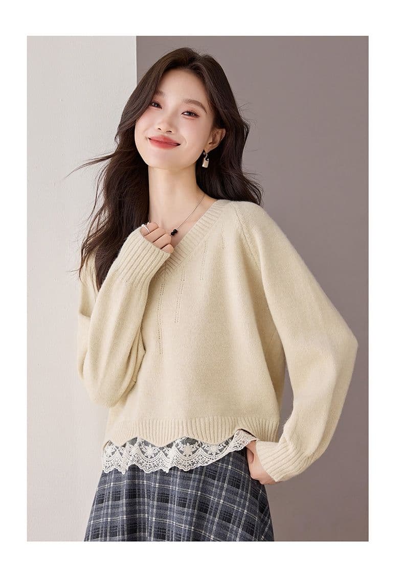 한 부서 패션 레이스 조각 페이크 레이어드 루즈핏 고급 센스 새로운 긴팔 니트 스웨터 여성 가을 의상 새로운 맨위 상세 이미지 19