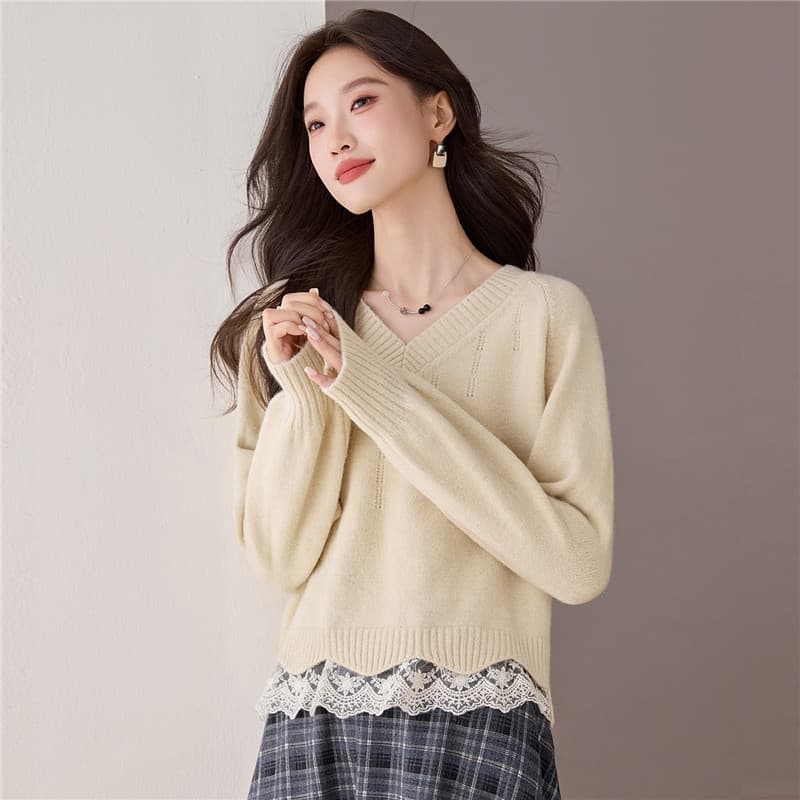 한 부서 패션 레이스 조각 페이크 레이어드 루즈핏 고급 센스 새로운 긴팔 니트 스웨터 여성 가을 의상 새로운 맨위 상세 이미지 29