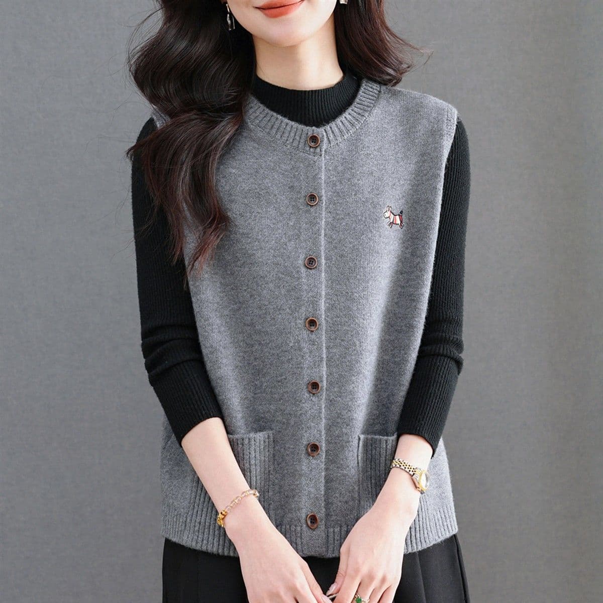 봄 가을 라운드 넥 니트 오픈 가디건 조끼 여자 패션 보온 외부 잡아라. 의류 스택 착용 다용도 양모 조끼 스웨터 여자 이미지 3