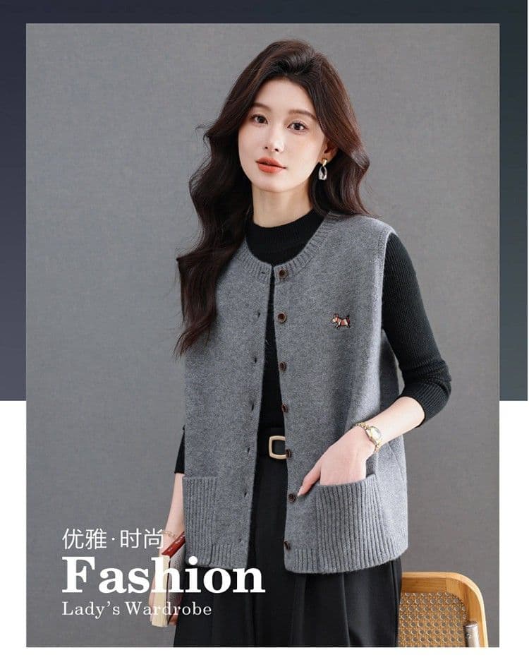 봄 가을 라운드 넥 니트 오픈 가디건 조끼 여자 패션 보온 외부 잡아라. 의류 스택 착용 다용도 양모 조끼 스웨터 여자 상세 이미지 1