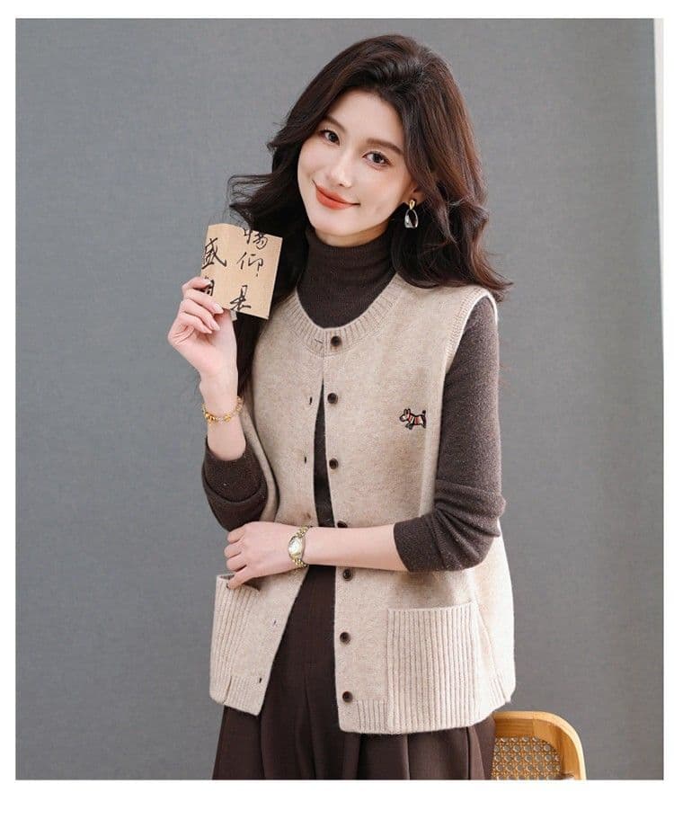 봄 가을 라운드 넥 니트 오픈 가디건 조끼 여자 패션 보온 외부 잡아라. 의류 스택 착용 다용도 양모 조끼 스웨터 여자 상세 이미지 14