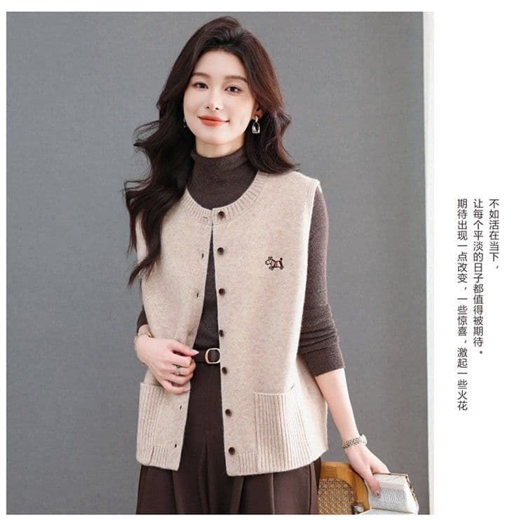 봄 가을 라운드 넥 니트 오픈 가디건 조끼 여자 패션 보온 외부 잡아라. 의류 스택 착용 다용도 양모 조끼 스웨터 여자 상세 이미지 17