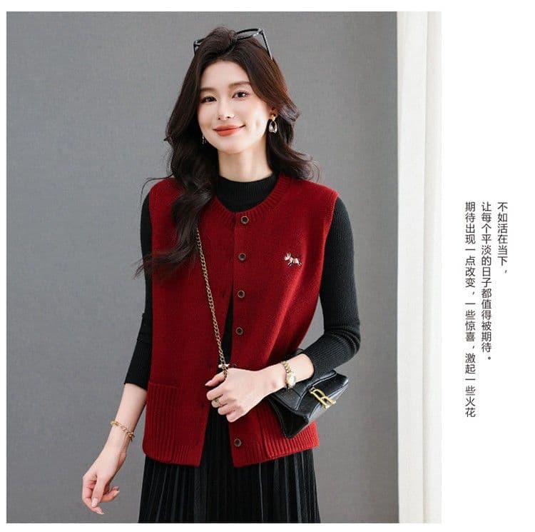 봄 가을 라운드 넥 니트 오픈 가디건 조끼 여자 패션 보온 외부 잡아라. 의류 스택 착용 다용도 양모 조끼 스웨터 여자 상세 이미지 22