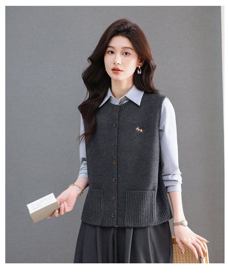 봄 가을 라운드 넥 니트 오픈 가디건 조끼 여자 패션 보온 외부 잡아라. 의류 스택 착용 다용도 양모 조끼 스웨터 여자 상세 이미지 24