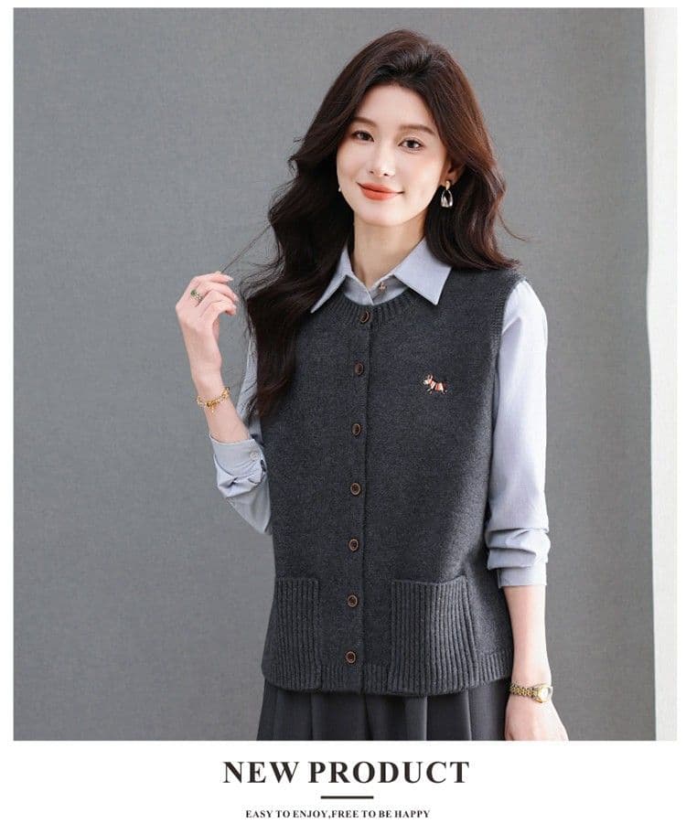 봄 가을 라운드 넥 니트 오픈 가디건 조끼 여자 패션 보온 외부 잡아라. 의류 스택 착용 다용도 양모 조끼 스웨터 여자 상세 이미지 26