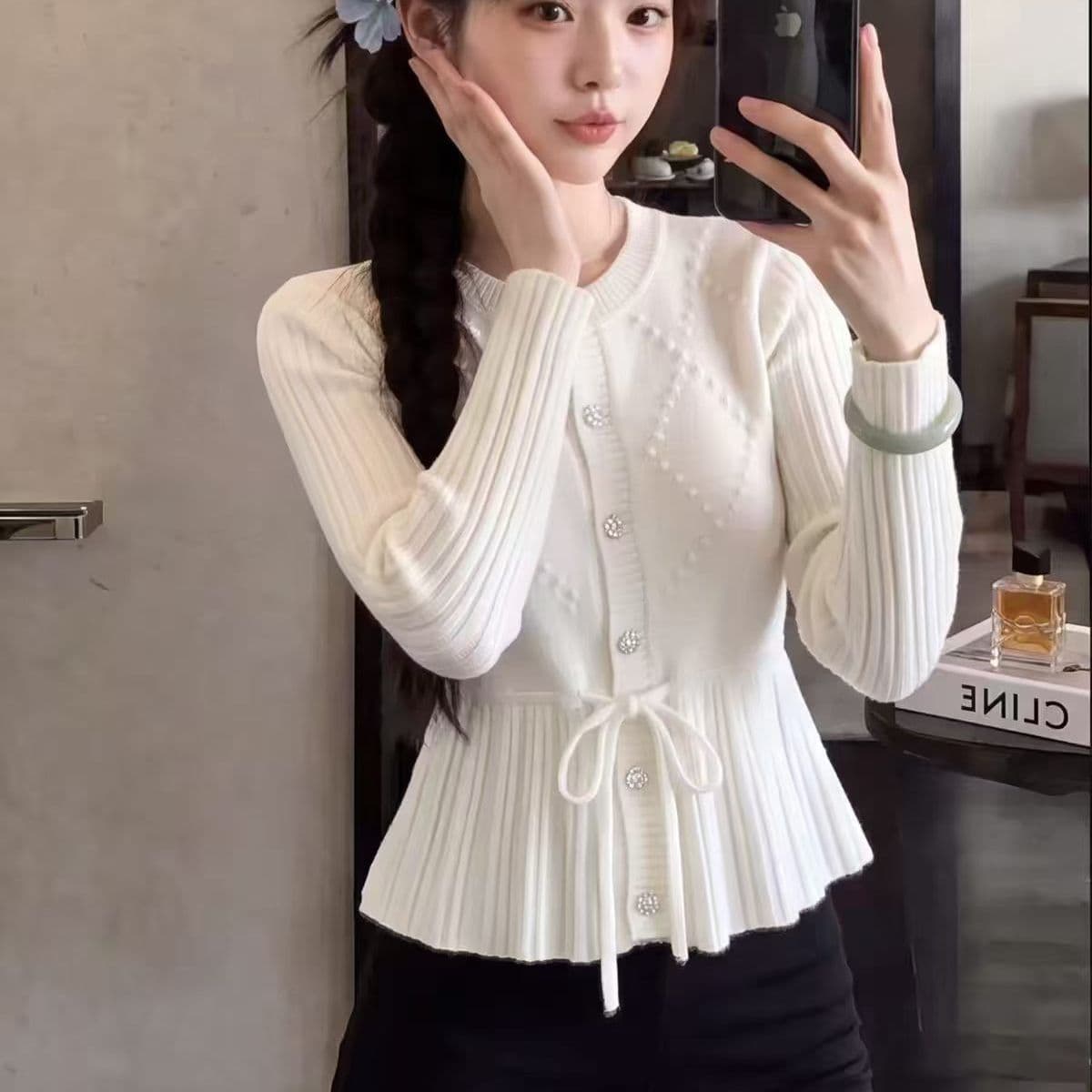 한 부서 새로운 부드러운 자수 홀로우 아웃 허리 수축 니트 니트 스웨터 펌프 로프 디자인 긴팔 스웨터 맨위 오픈 가디건 여성 이미지 3