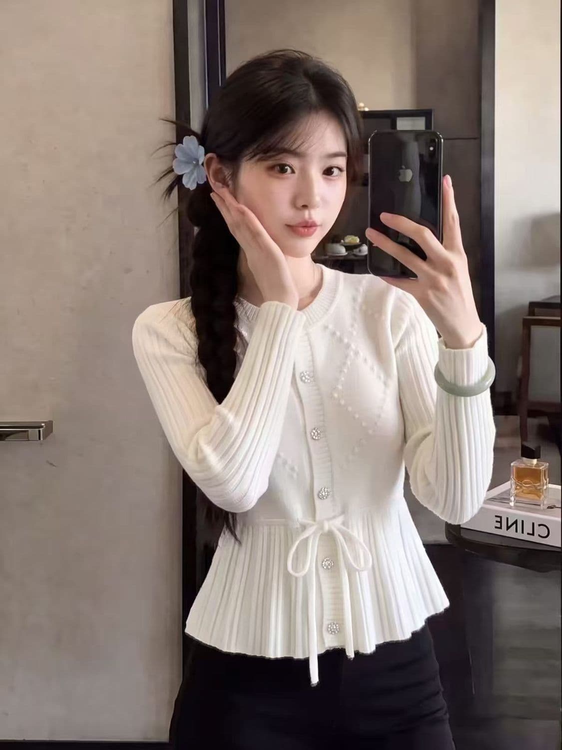 한 부서 새로운 부드러운 자수 홀로우 아웃 허리 수축 니트 니트 스웨터 펌프 로프 디자인 긴팔 스웨터 맨위 오픈 가디건 여성 상세 이미지 8