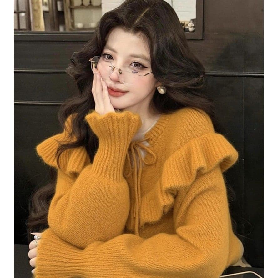 패션 프릴 레이스업 스웨터 여자 새로운 가을 겨울 느긋한 바람 우유 씽 하는 소리 부드러운 찹쌀 니트 스웨터 보온 맨위