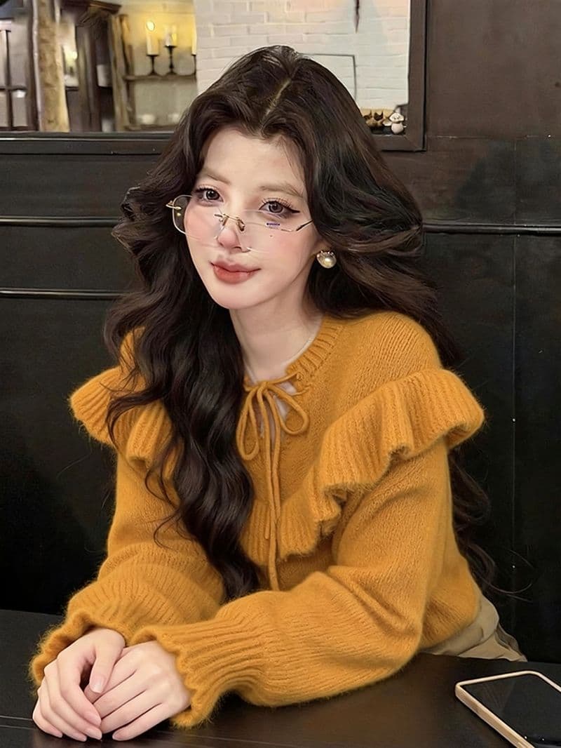 패션 프릴 레이스업 스웨터 여자 새로운 가을 겨울 느긋한 바람 우유 씽 하는 소리 부드러운 찹쌀 니트 스웨터 보온 맨위 상세 이미지 7