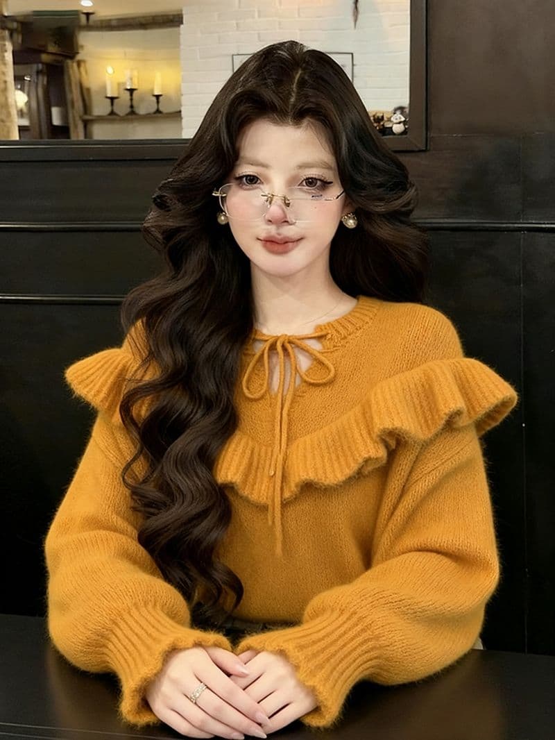 패션 프릴 레이스업 스웨터 여자 새로운 가을 겨울 느긋한 바람 우유 씽 하는 소리 부드러운 찹쌀 니트 스웨터 보온 맨위 상세 이미지 8