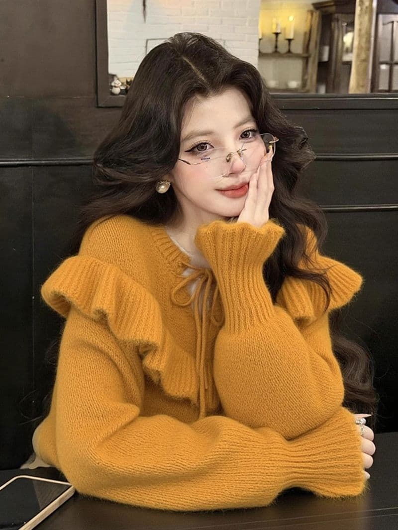 패션 프릴 레이스업 스웨터 여자 새로운 가을 겨울 느긋한 바람 우유 씽 하는 소리 부드러운 찹쌀 니트 스웨터 보온 맨위 상세 이미지 9