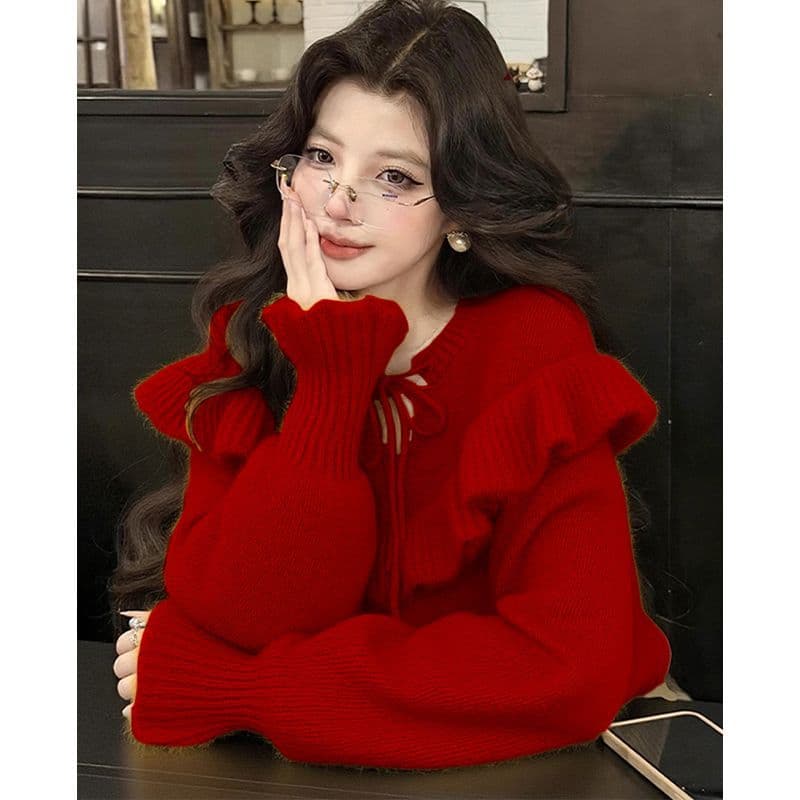 패션 프릴 레이스업 스웨터 여자 새로운 가을 겨울 느긋한 바람 우유 씽 하는 소리 부드러운 찹쌀 니트 스웨터 보온 맨위 상세 이미지 11