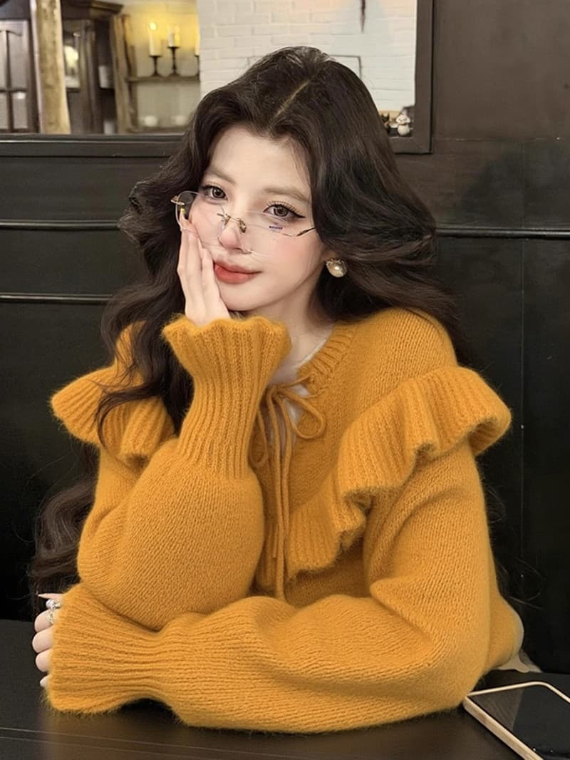 패션 프릴 레이스업 스웨터 여자 새로운 가을 겨울 느긋한 바람 우유 씽 하는 소리 부드러운 찹쌀 니트 스웨터 보온 맨위 상세 이미지 12