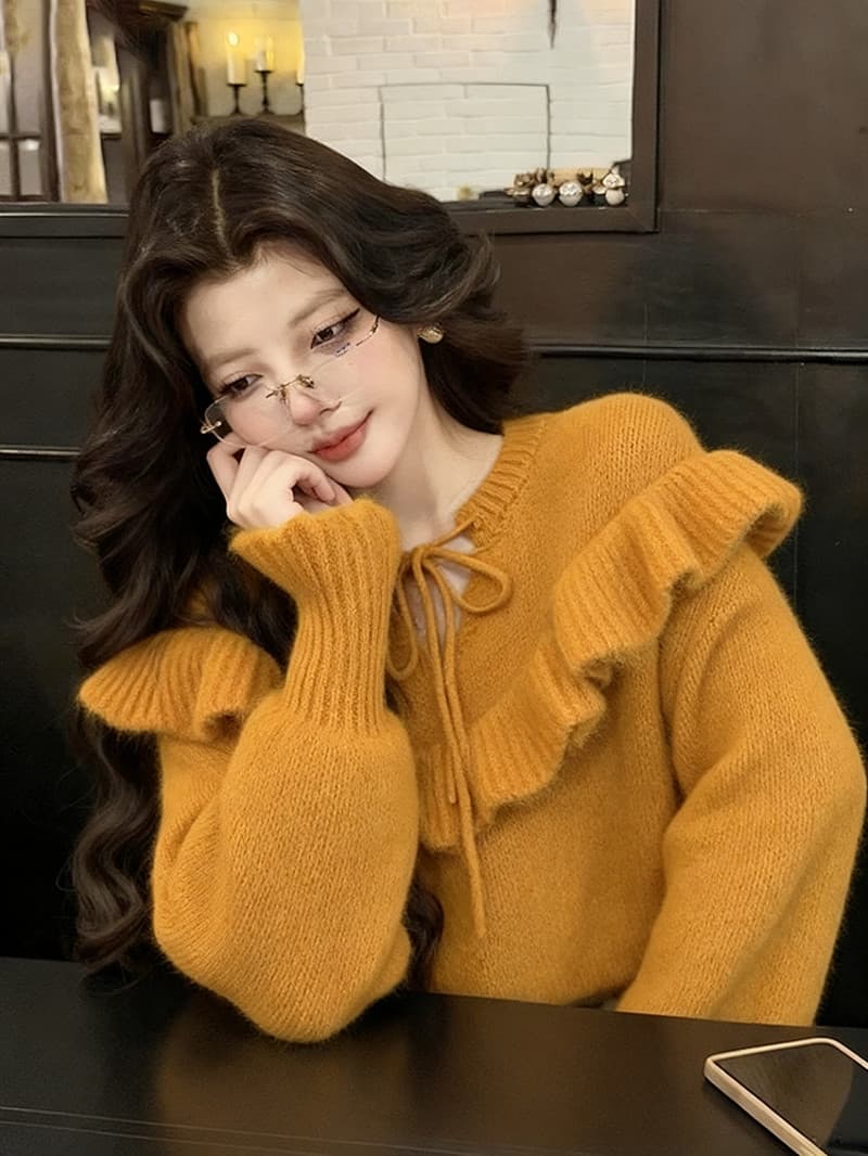 패션 프릴 레이스업 스웨터 여자 새로운 가을 겨울 느긋한 바람 우유 씽 하는 소리 부드러운 찹쌀 니트 스웨터 보온 맨위 상세 이미지 13