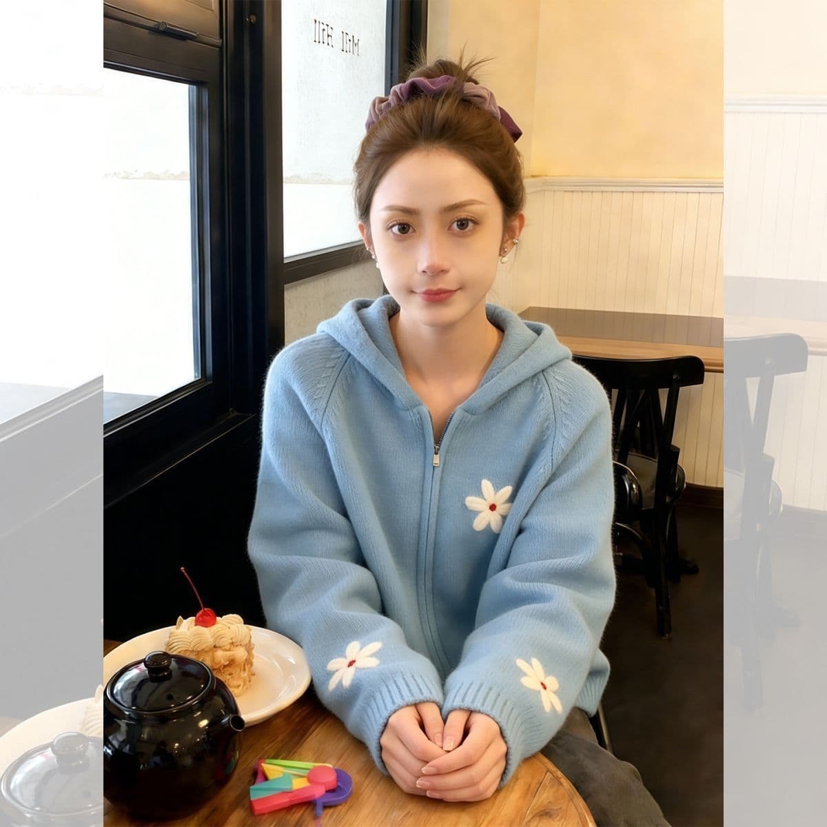 3 차원 꽃 자카드 후드 지퍼 니트 카디건 코트 자이언트 잘 생긴 다용도 스웨터 여자 봄 가을 느긋한 맨위 상세 이미지 4