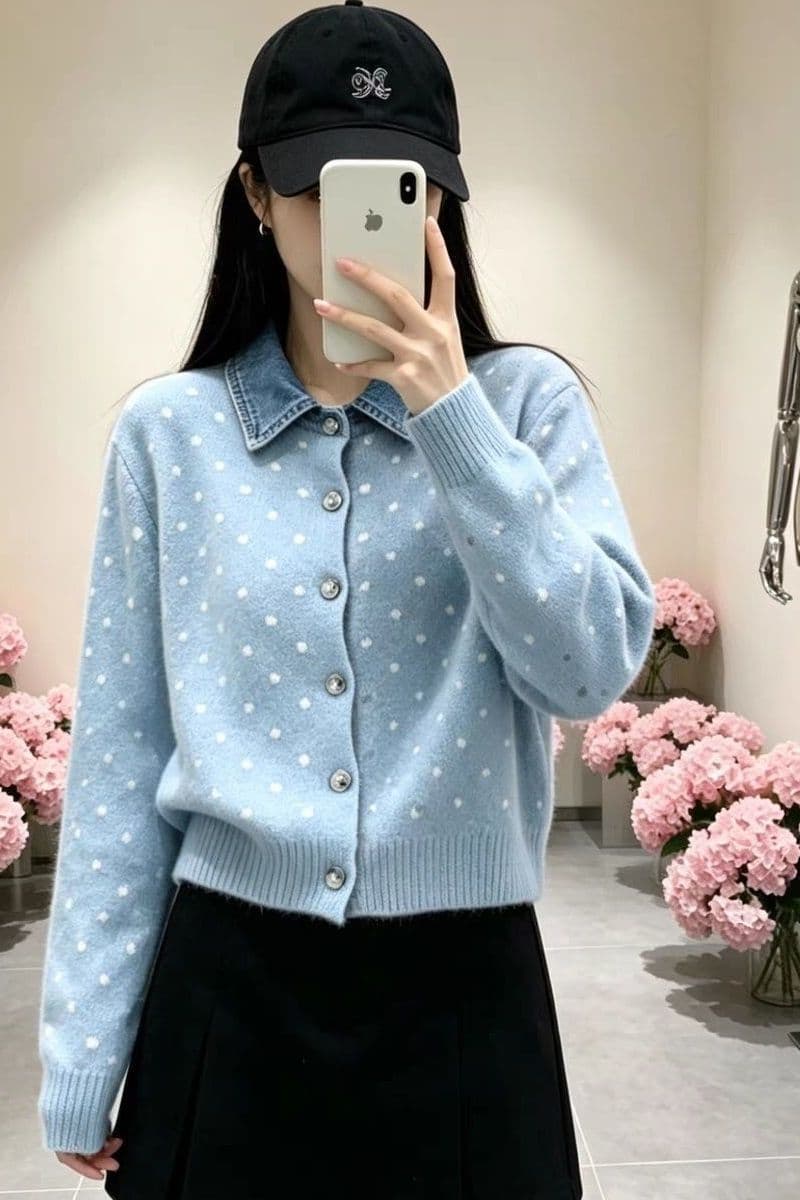 프랑스식 도트 무늬 두 조각 데님 패치워크 polo 오픈 가디건 니트 스웨터 연령 감소 스웨터 코트 가을 겨울철 새로운 맨위 상세 이미지 14