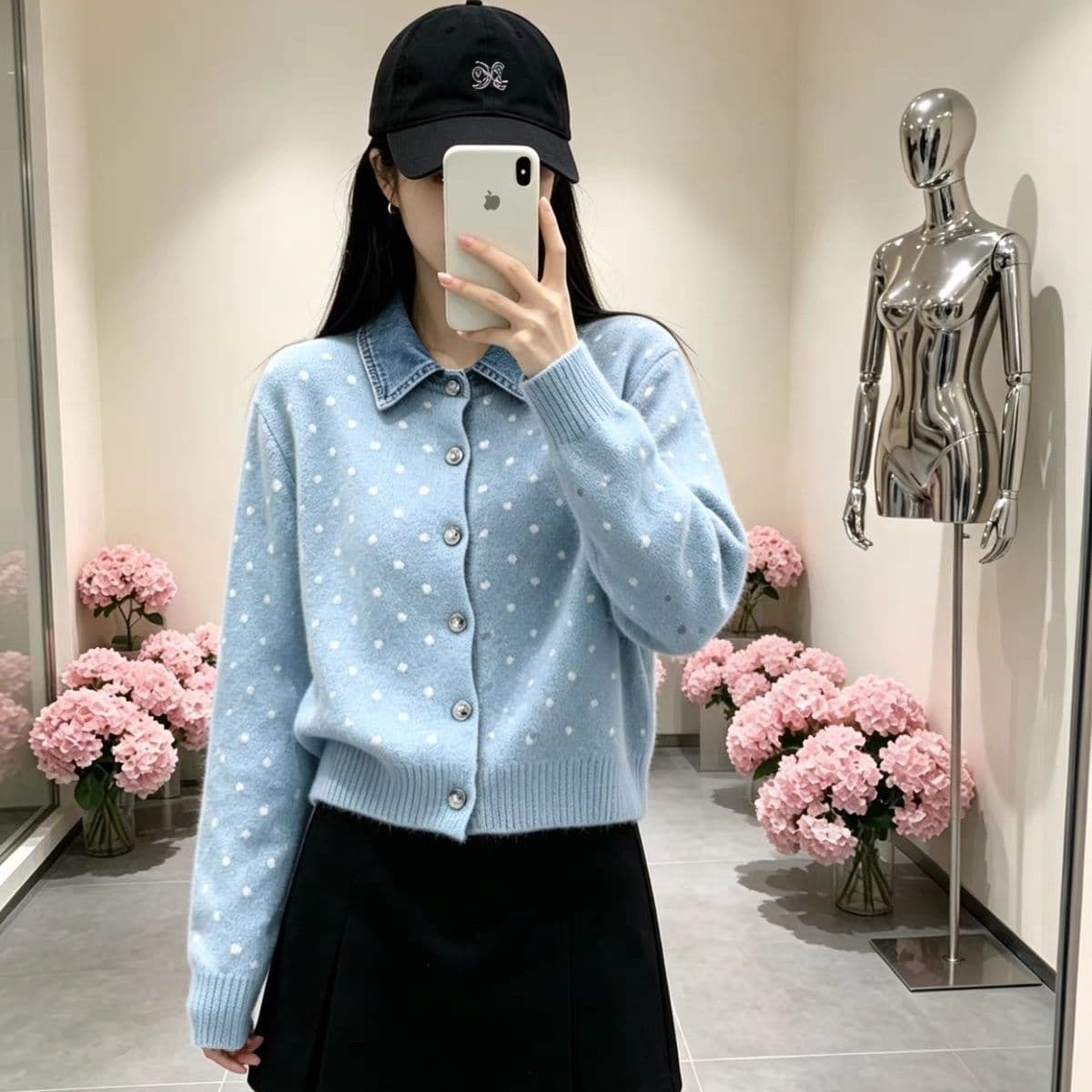프랑스식 도트 무늬 두 조각 데님 패치워크 polo 오픈 가디건 니트 스웨터 연령 감소 스웨터 코트 가을 겨울철 새로운 맨위 상세 이미지 15