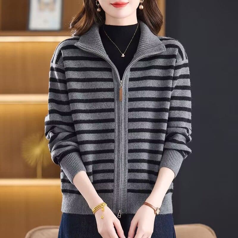 봄 가을 스트라이프 패션 한국 스타일 니트 오픈 가디건 새로운 니트 스웨터 루즈핏 지퍼 스웨터 다용도 재킷 맨위 여성 상세 이미지 16