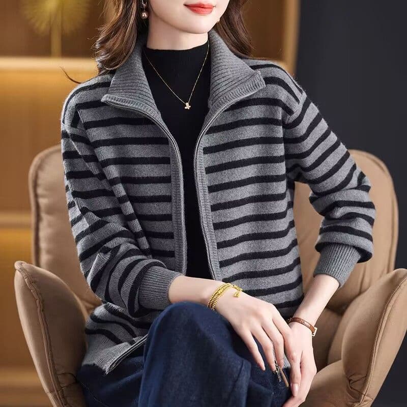 봄 가을 스트라이프 패션 한국 스타일 니트 오픈 가디건 새로운 니트 스웨터 루즈핏 지퍼 스웨터 다용도 재킷 맨위 여성 상세 이미지 22