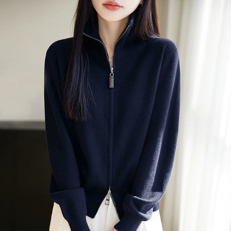봄 가을 약화 된 양모 오픈 가디건 여성 더블 지퍼 스탠드 칼라 빈 가스 층 스웨터 코트 니트 스웨터 회색 슬림해 보이는 맨위 이미지 3