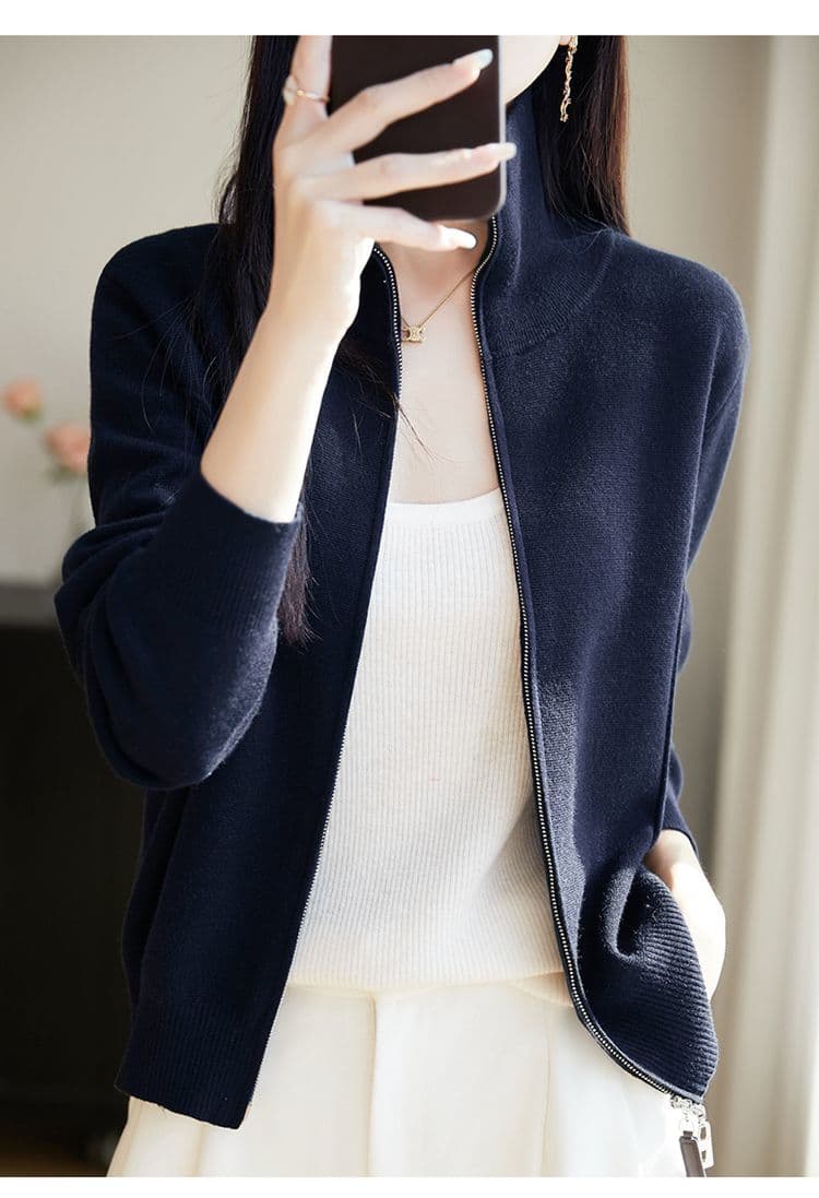 봄 가을 약화 된 양모 오픈 가디건 여성 더블 지퍼 스탠드 칼라 빈 가스 층 스웨터 코트 니트 스웨터 회색 슬림해 보이는 맨위 상세 이미지 18