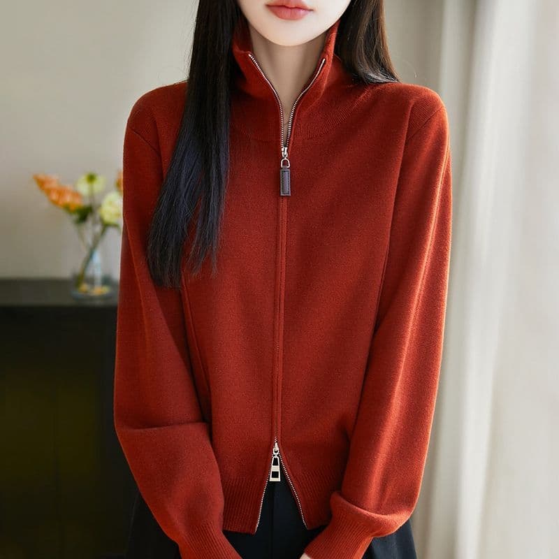 봄 가을 약화 된 양모 오픈 가디건 여성 더블 지퍼 스탠드 칼라 빈 가스 층 스웨터 코트 니트 스웨터 회색 슬림해 보이는 맨위 상세 이미지 32