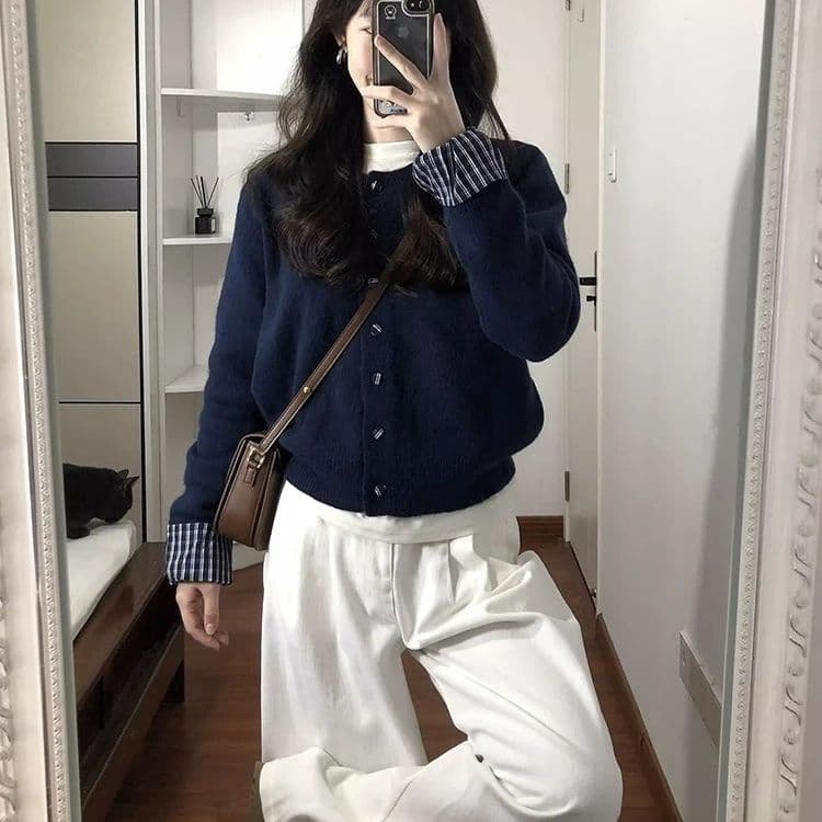 페이크 레이어드 블루 색상 니트 오픈 가디건 스웨터 여자 봄 가을 새로운 한 부서 느긋한 바람 느슨함 센스 쇼트 스타일 맨위 상세 이미지 2