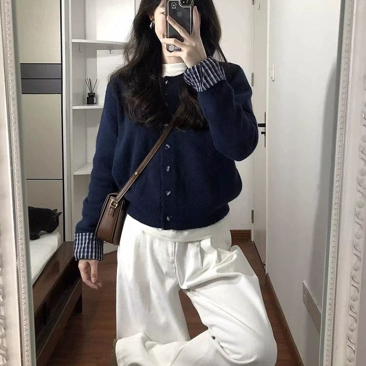 페이크 레이어드 블루 색상 니트 오픈 가디건 스웨터 여자 봄 가을 새로운 한 부서 느긋한 바람 느슨함 센스 쇼트 스타일 맨위 상세 이미지 3