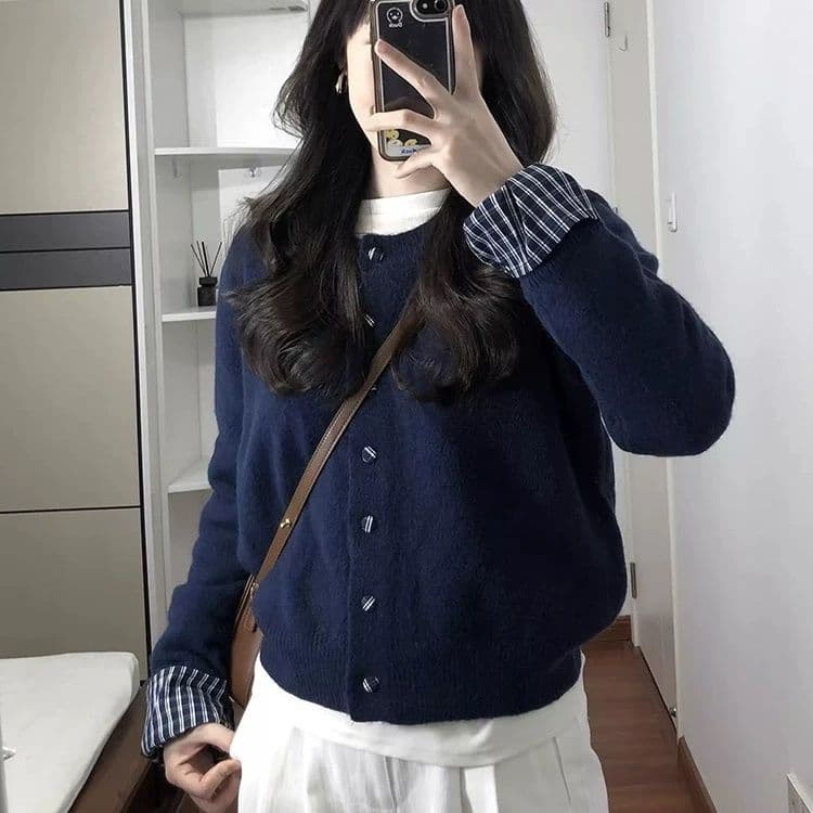 페이크 레이어드 블루 색상 니트 오픈 가디건 스웨터 여자 봄 가을 새로운 한 부서 느긋한 바람 느슨함 센스 쇼트 스타일 맨위 상세 이미지 4