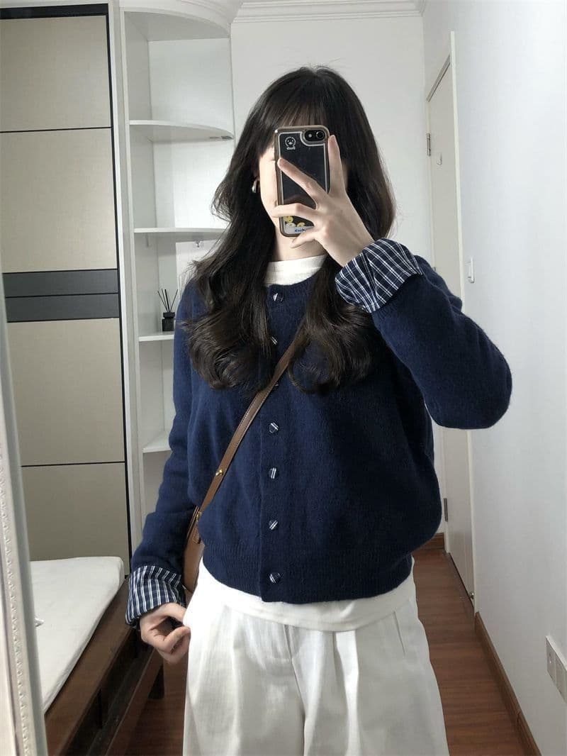 페이크 레이어드 블루 색상 니트 오픈 가디건 스웨터 여자 봄 가을 새로운 한 부서 느긋한 바람 느슨함 센스 쇼트 스타일 맨위 상세 이미지 7