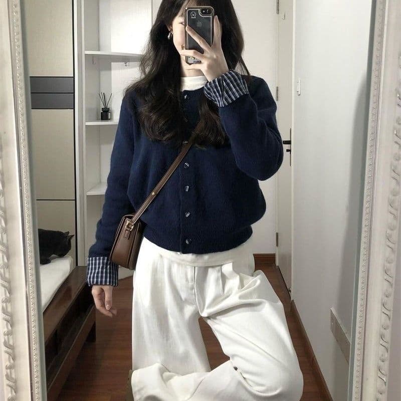 페이크 레이어드 블루 색상 니트 오픈 가디건 스웨터 여자 봄 가을 새로운 한 부서 느긋한 바람 느슨함 센스 쇼트 스타일 맨위 상세 이미지 23