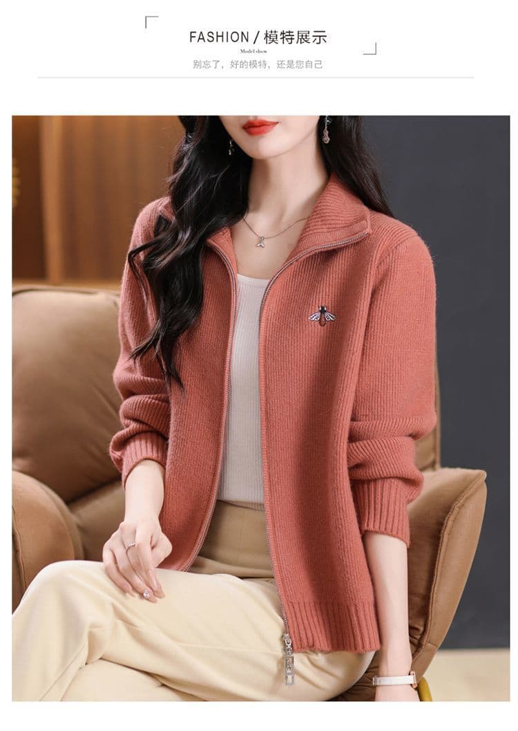 한 부서 패션 지퍼 스웨터 여성 코트 자수 봄 가을 새로운 스탠드 칼라 캐주얼 외부 가져 가라. 외국 가스 니트 오픈 가디건 상세 이미지 9