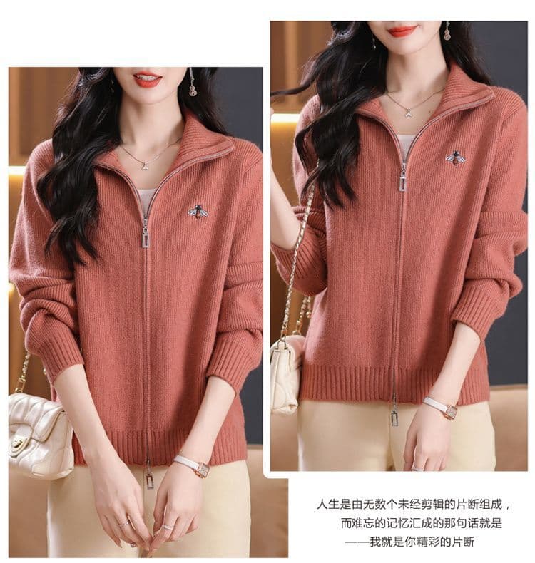 한 부서 패션 지퍼 스웨터 여성 코트 자수 봄 가을 새로운 스탠드 칼라 캐주얼 외부 가져 가라. 외국 가스 니트 오픈 가디건 상세 이미지 10