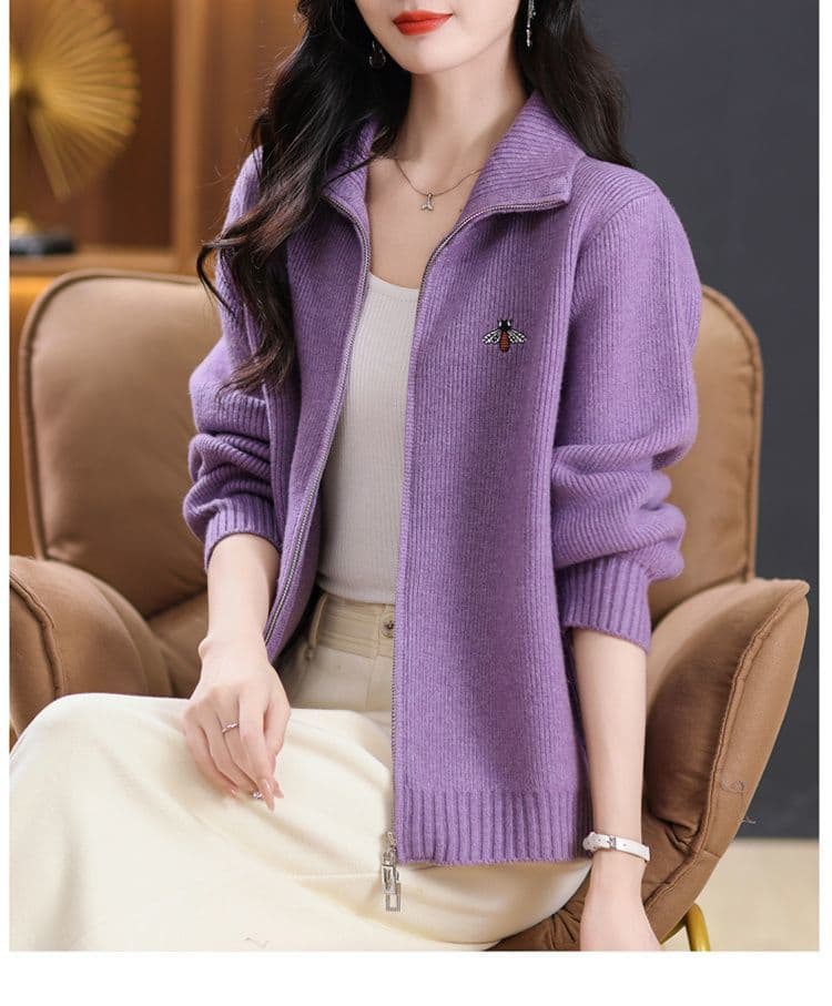 한 부서 패션 지퍼 스웨터 여성 코트 자수 봄 가을 새로운 스탠드 칼라 캐주얼 외부 가져 가라. 외국 가스 니트 오픈 가디건 상세 이미지 19