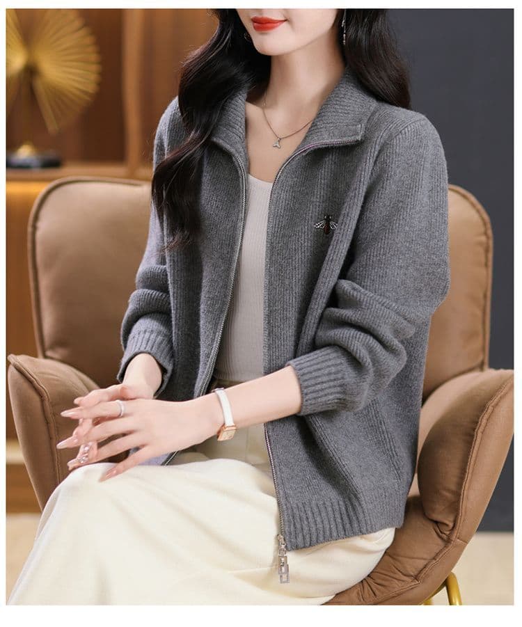 한 부서 패션 지퍼 스웨터 여성 코트 자수 봄 가을 새로운 스탠드 칼라 캐주얼 외부 가져 가라. 외국 가스 니트 오픈 가디건 상세 이미지 24