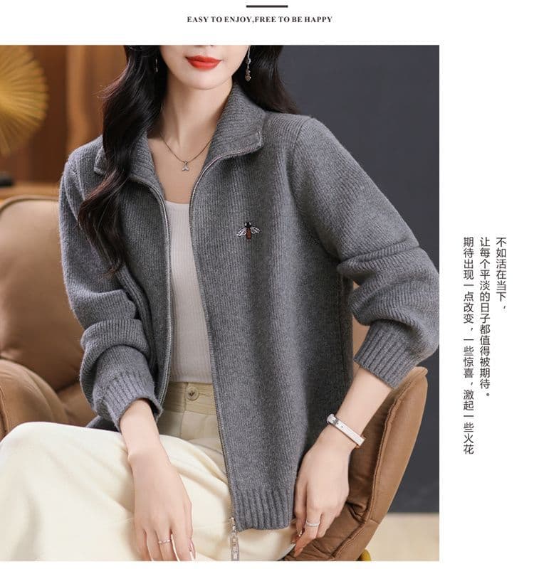 한 부서 패션 지퍼 스웨터 여성 코트 자수 봄 가을 새로운 스탠드 칼라 캐주얼 외부 가져 가라. 외국 가스 니트 오픈 가디건 상세 이미지 27