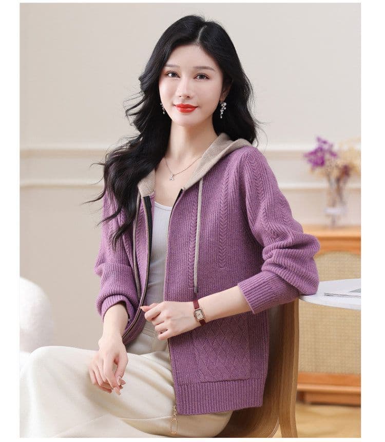 봄 가을 새로운 패션 후드 지퍼 니트 오픈 가디건 여성 배색 루즈핏 빅 사이즈 패션 긴팔 스웨터 여성 코트 상세 이미지 14