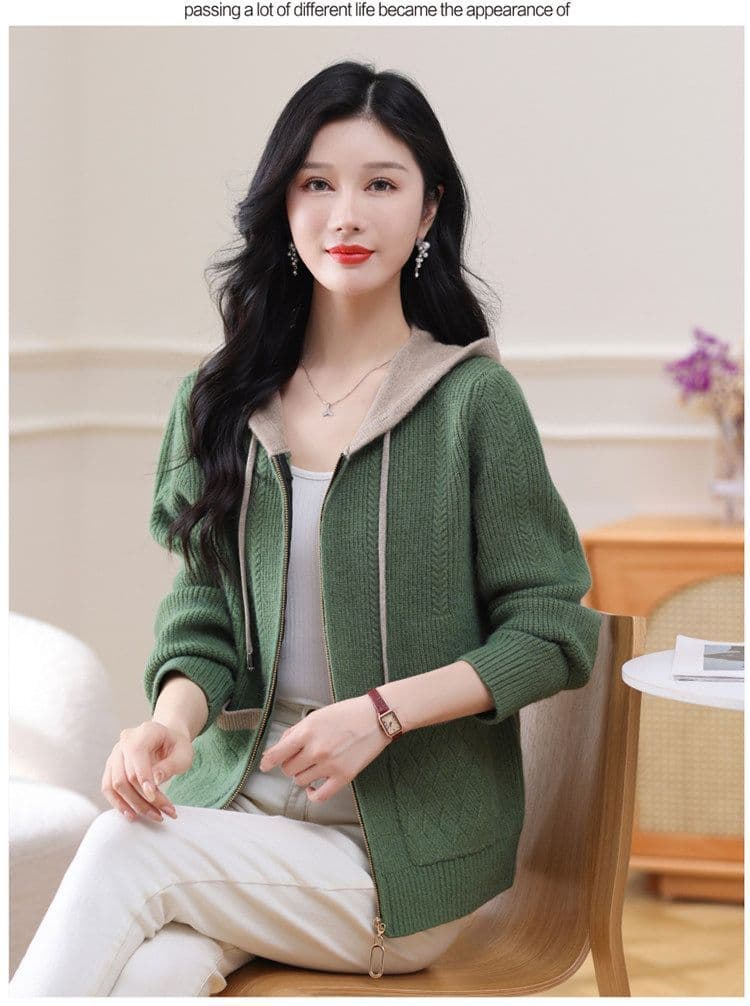 봄 가을 새로운 패션 후드 지퍼 니트 오픈 가디건 여성 배색 루즈핏 빅 사이즈 패션 긴팔 스웨터 여성 코트 상세 이미지 18