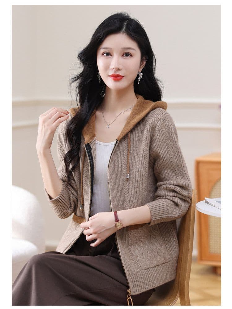 봄 가을 새로운 패션 후드 지퍼 니트 오픈 가디건 여성 배색 루즈핏 빅 사이즈 패션 긴팔 스웨터 여성 코트 상세 이미지 22