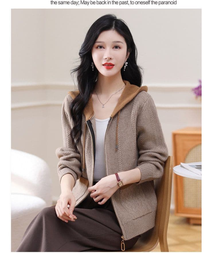 봄 가을 새로운 패션 후드 지퍼 니트 오픈 가디건 여성 배색 루즈핏 빅 사이즈 패션 긴팔 스웨터 여성 코트 상세 이미지 24
