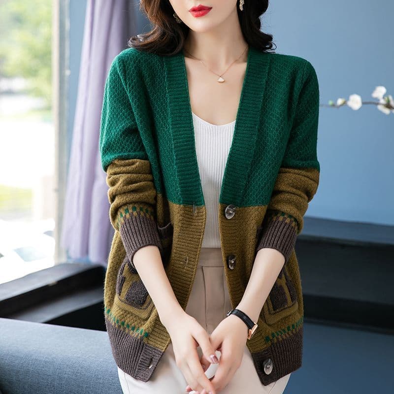 새로운 패션 배색 양모 스웨터 코트 루즈핏 빅 사이즈 두꺼운 니트 오픈 가디건 맨위 패션 쇼트 스타일 재킷 이미지 5