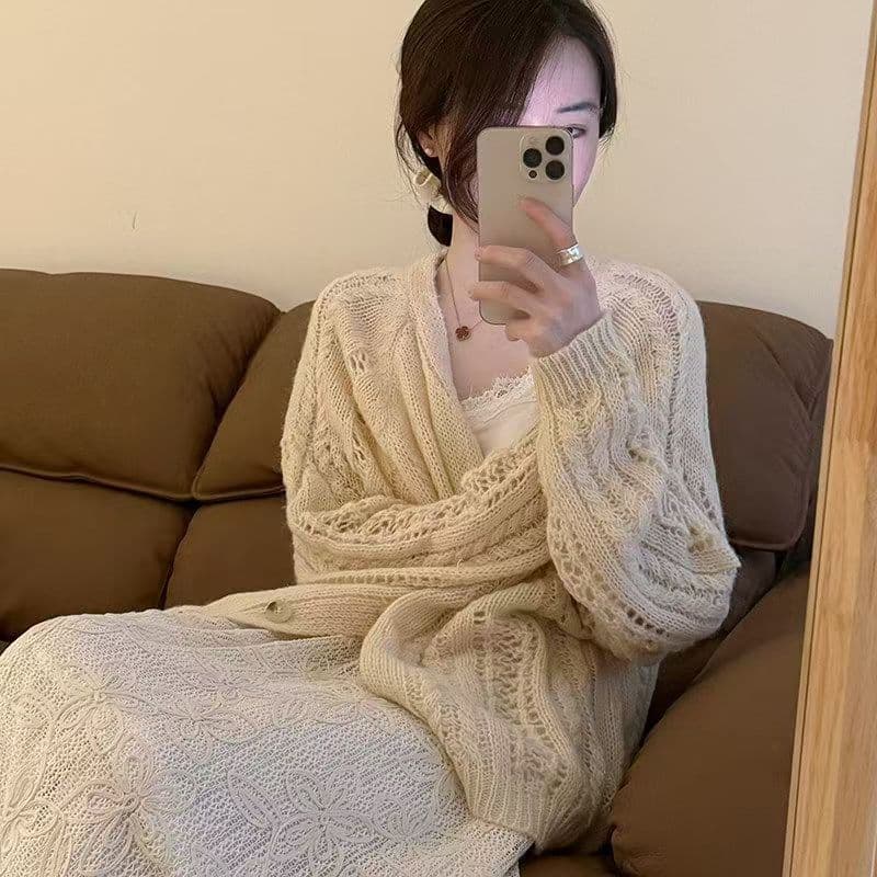 패션 자카드 니트 스웨터 오픈 가디건 여성 봄 가을 새로운 부드러운 연령 감소 디스플레이 화이트 긴팔 출퇴근 느긋한 바람 재킷 상세 이미지 11