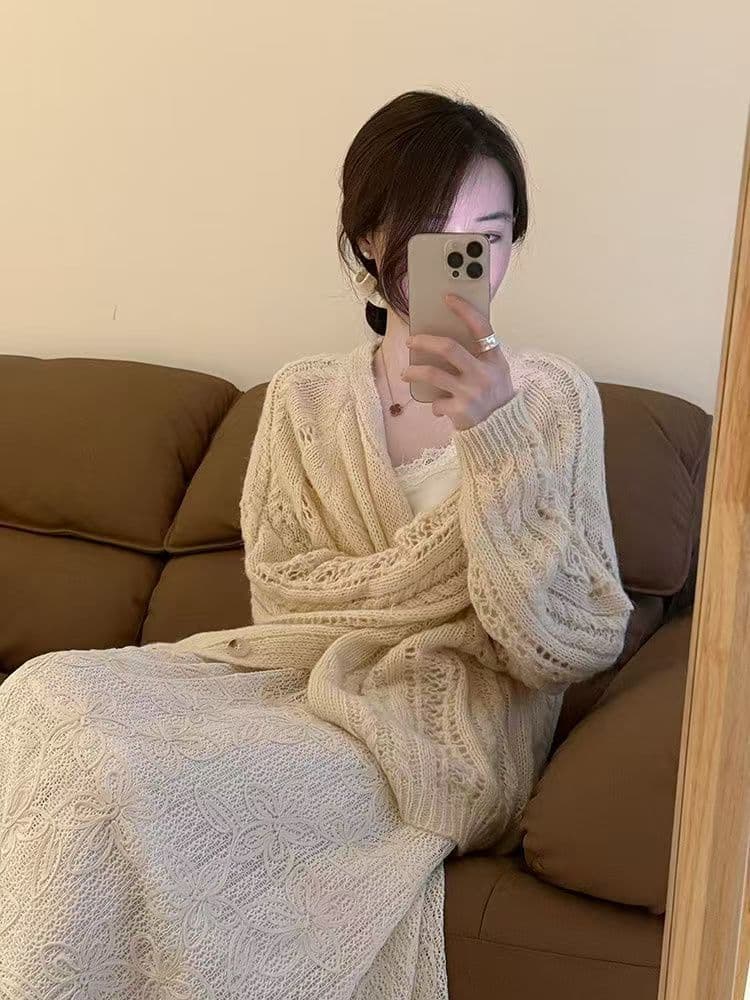패션 자카드 니트 스웨터 오픈 가디건 여성 봄 가을 새로운 부드러운 연령 감소 디스플레이 화이트 긴팔 출퇴근 느긋한 바람 재킷 상세 이미지 17