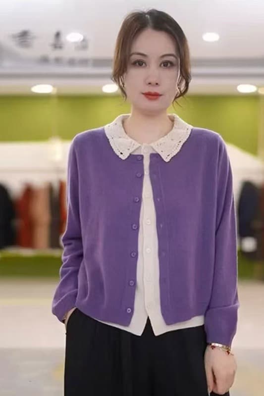 배색 페이크 레이어드 봄 가을 새로운 폴로 칼라 니트 오픈 가디건 여성 긴 소매 슬림해 보이는 연령 감소 다용도 스웨터 코트 맨위 이미지 6