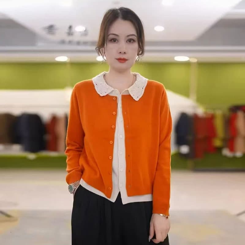 배색 페이크 레이어드 봄 가을 새로운 폴로 칼라 니트 오픈 가디건 여성 긴 소매 슬림해 보이는 연령 감소 다용도 스웨터 코트 맨위 상세 이미지 1