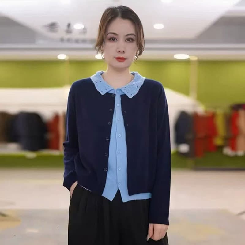 배색 페이크 레이어드 봄 가을 새로운 폴로 칼라 니트 오픈 가디건 여성 긴 소매 슬림해 보이는 연령 감소 다용도 스웨터 코트 맨위 상세 이미지 9