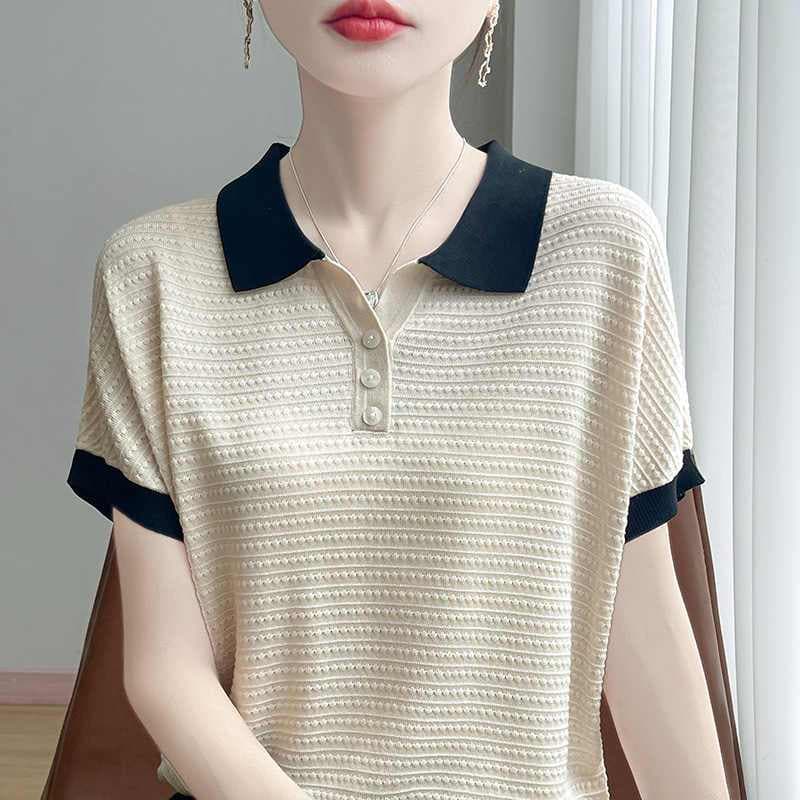 여름 미니멀리즘 패치워크 색상 패션 작은 폴로 칼라 반팔 여성 루즈핏 슬림해 보이는 POLO 칼라 얇은 스타일 얼음 실크 티셔츠 맨위 이미지 5