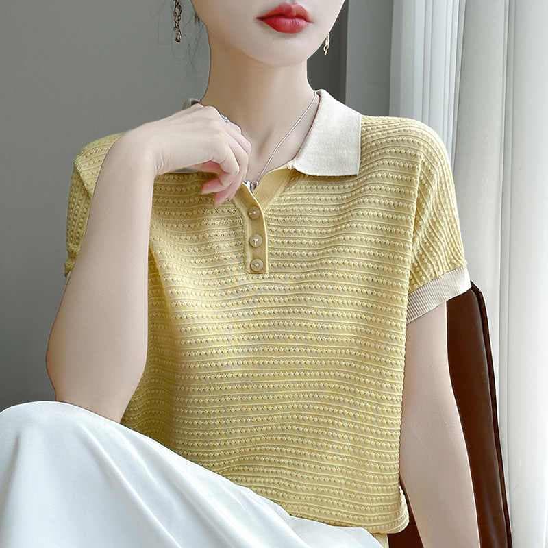 여름 미니멀리즘 패치워크 색상 패션 작은 폴로 칼라 반팔 여성 루즈핏 슬림해 보이는 POLO 칼라 얇은 스타일 얼음 실크 티셔츠 맨위 이미지 3