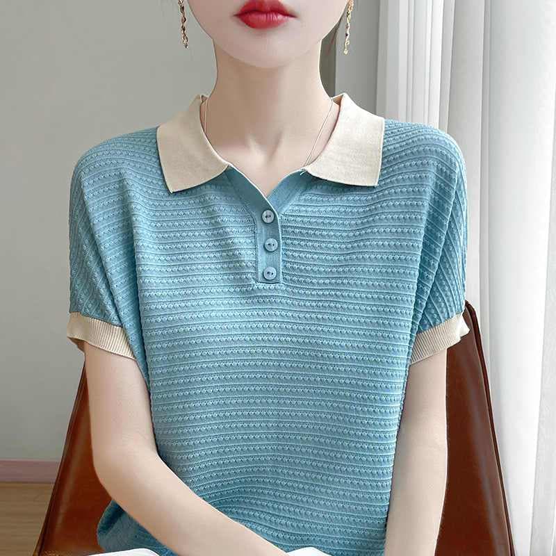 여름 미니멀리즘 패치워크 색상 패션 작은 폴로 칼라 반팔 여성 루즈핏 슬림해 보이는 POLO 칼라 얇은 스타일 얼음 실크 티셔츠 맨위