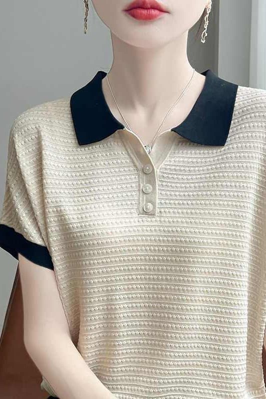여름 미니멀리즘 패치워크 색상 패션 작은 폴로 칼라 반팔 여성 루즈핏 슬림해 보이는 POLO 칼라 얇은 스타일 얼음 실크 티셔츠 맨위 이미지 6